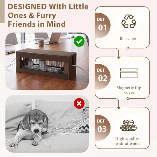 Miniatura 3 de Chunful Caja de organización de cables de 13 pulgadas, organizador de cables de madera con tapa magnética y organizador para regleta