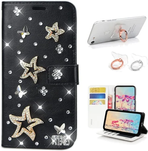 Bling - Funda tipo cartera compatible con iPod Touch 5 y iPod Touch 6, elegante funda de piel con diseño de estrella y mariposa 3D hecha a mano con
