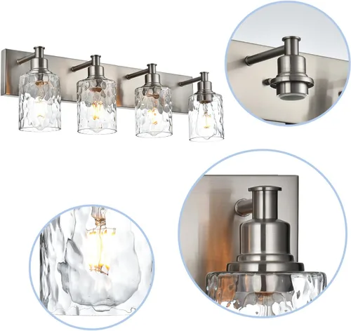 Miniatura 7 de BONLICHT Dispositivo de iluminación para tocador de baño con 4 luces, aplique de pared industrial de níquel cepillado con pantalla de vidrio