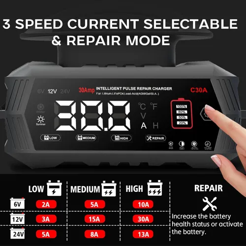 Miniatura 4 de Cargador de batería de 30 amperios, 6 V/12 V/24 V de plomo-ácido, litio, cargador de batería inteligente LiFePo4, cargador portátil de pantalla