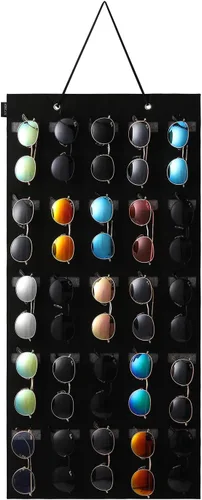 Organizador de lentes de sol, para colgar en la pared, para colocar en el bolsillo, para gafas, 25 ranuras (negro, grande)