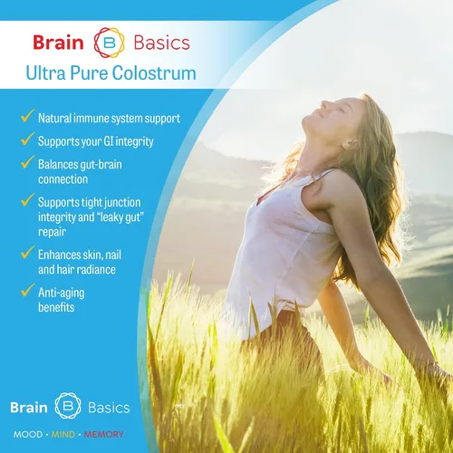 Miniatura 3 de Brain Basics Calostro ultra puro, 4000 mg por porción, mínimo 25% de anticuerpos IgG, salud intestino-cerebro-inmune, cabello y piel brillantes.