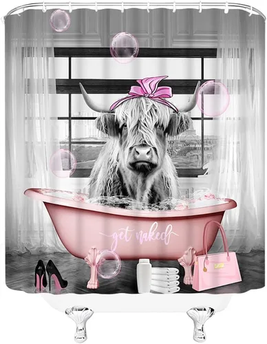 Miniatura 4 de Juego de 2 cortinas de ducha para baño, diseño de vaca de las tierras altas, color rosa, divertido y lindo animal para tina, bolsa de tacón alto