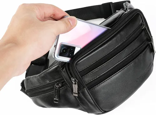 Miniatura 5 de OrrinSports Riñonera de cuero con múltiples bolsillos para mujeres y hombres, vida diaria y viajes al aire libre, 04#Black (Leather), L, Moda