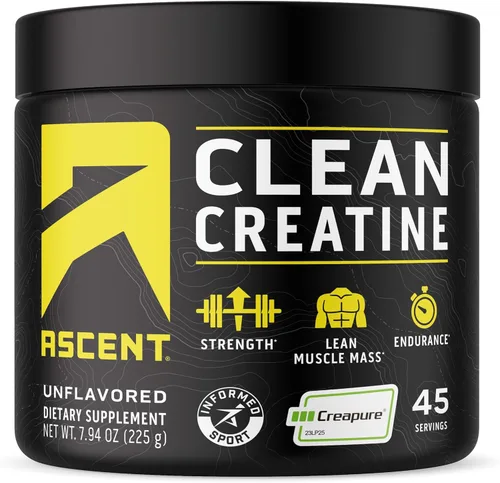 Ascent Creatina Monohidrato Limpia en Polvo - 5G Por Porción, Suplemento Creapure - Sin Sabor, 45 Porciones