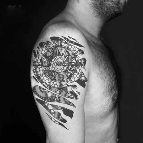 Miniatura 5 de 6 hojas de tatuajes temporales de equipo mecánico biomecánico para hombres, reloj de engranaje robot negro y gris, impermeable, calcomanías falsas