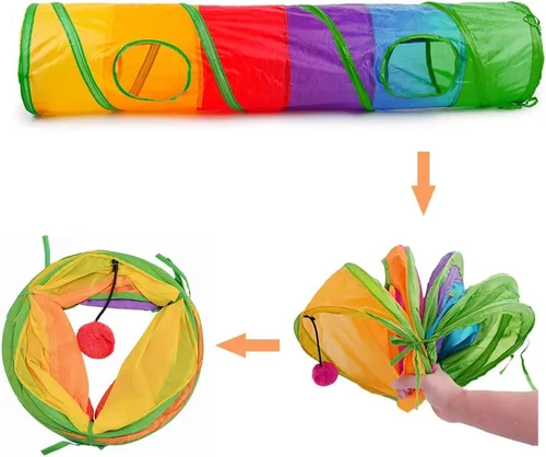 Miniatura 2 de Andiker Túnel para gatos de interior, tubo plegable de arco iris de 45 pulgadas de largo con una divertida bola y 2 agujeros, túnel de conejo