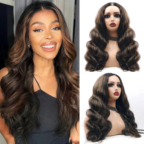 Miniatura 17 de Pelucas con camino en V ondulada de cabello humano virgen brasileño para mujeres negras; mejora de pelucas con camino en U, sin pegamento, con clip
