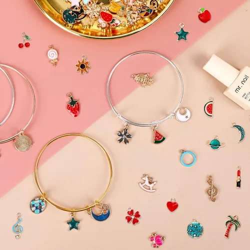 Miniatura 4 de UPINS 30 pulseras de plata expandibles en blanco, pulseras de alambre ajustables con 100 dijes de plata tibetana, 200 anillos abiertos para hacer