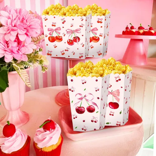 Miniatura 6 de Cajas de palomitas de maíz de cereza rosa, bolsas de regalo de cereza y lazos, 12 unidades, cereza en la parte superior, cajas de dulces, decoración