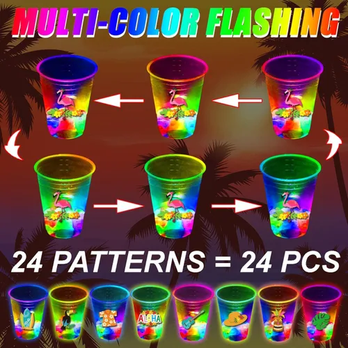 Miniatura 5 de mishunyus 24 tazas de fiesta hawaianas Luau brillantes, tazas de fiesta Tiki intermitentes, decoraciones tropicales para fiestas hawaianas (16 onzas)