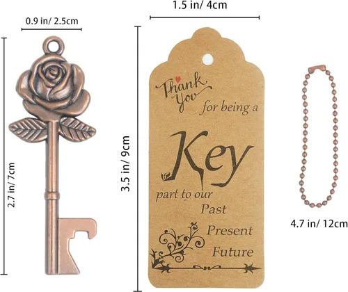 Miniatura 2 de Aokbean 100 unidades de abrebotellas con llave de rosa para regalos de invitados de boda a granel, abridor de llaves de esqueleto vintage con Cobre