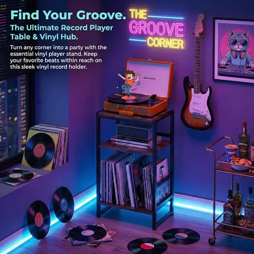 Miniatura 14 de Soporte para tocadiscos de vinilo de 3 niveles, mesa auxiliar para almacenamiento de álbumes, soporte para tocadiscos de 28 pulgadas de alto