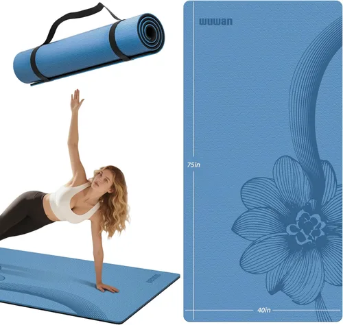 Esterilla de yoga grande de 76" x 40" x 10 mm (2/5 pulgadas) – Extra gruesa y ancha, esterilla de fitness de TPE, esterilla de ejercicios Azul/Negro