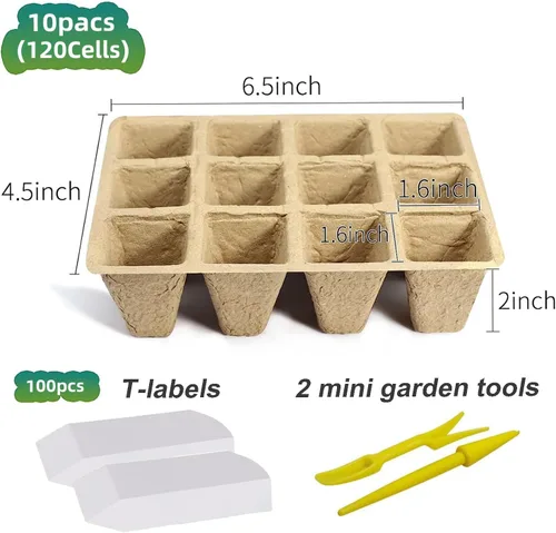 Miniatura 2 de Bandeja de inicio de semillas de 120 celdas, paquete de 10 macetas de turba biodegradables con 100 etiquetas, kit de inicio de plantas para plántulas