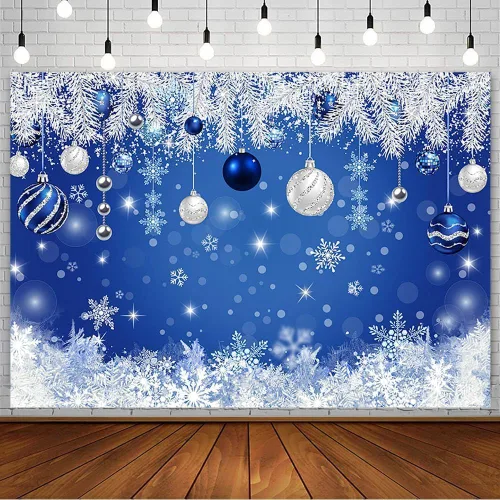 Miniatura 10 de AIBIIN Telón de fondo de Navidad de invierno de 7 x 5 pies para fotografía, campana azul plateada con purpurina, copo de nieve, aguja de pino