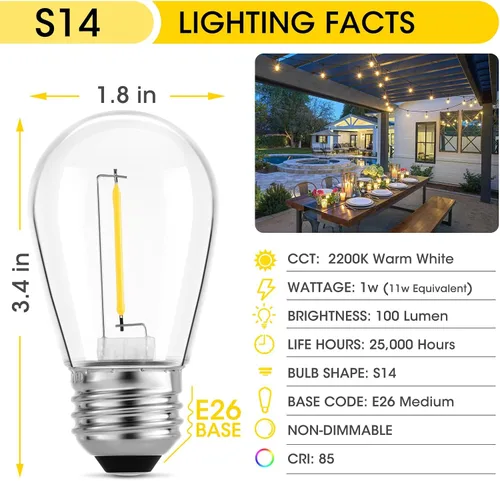 Miniatura 4 de Meconard Paquete de 24 bombillas LED de 1 W para exteriores, S14 de plástico inastillable, estilo vintage Edison, bombillas de repuesto de 1 W, 2200