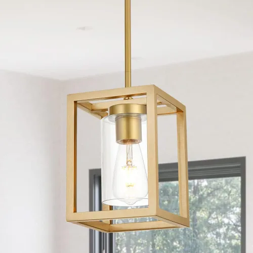 Miniatura 2 de Candelabro rústico de 1 luz con acabado dorado, moderno accesorio de iluminación colgante industrial con pantalla de vidrio transparente, lámpara
