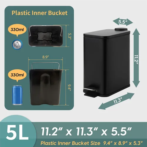 Miniatura 6 de SunnyPoint Cubo de basura pequeño de 5 litros (1.32 galones) con cubos interiores de plástico; baño rectangular, oficina, cocina y dormitorio, paso