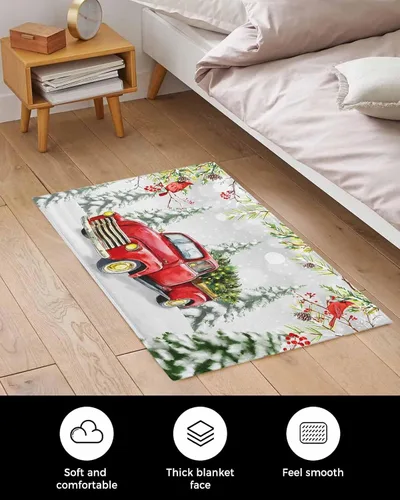 Miniatura 4 de Alfombra de baño esponjosa para camión rojo, cardenal de Navidad, antideslizante, alfombra suave para piso, árbol de Navidad, conos de pino, nieve