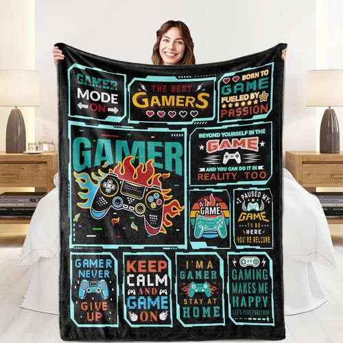 Gaming Blanket for Boys, Gamer Birthday Gifts for Kids Toddlers Son, Soft Cozy Black Game Controller Fleece Throw Blanket for Kids Gaming Room Decor