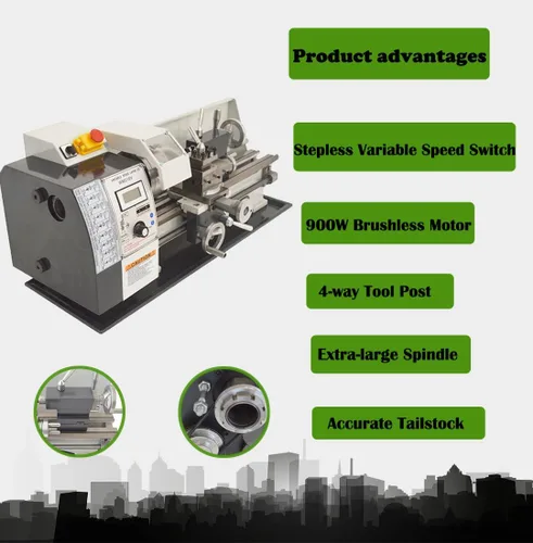 Miniatura 7 de Torno de metal de sobremesa de 8 "* 16", torno de metal de precisión de hilos métricos, mini torno 900W motor sin escobillas, velocidad variable
