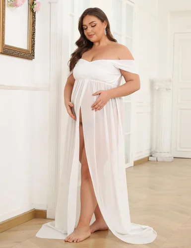 Miniatura 5 de Vestido de maternidad para fotografía con hombros descubiertos, vestido de gasa con abertura frontal, maxi vestidos de embarazo para sesión de fotos