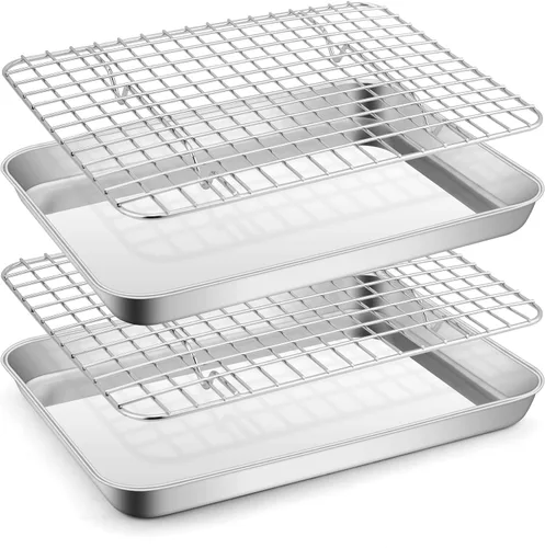 Miniatura 9 de E-far - Juego de bandejas para hornear para horno tostador, bandeja pequeña de acero inoxidable de 10.5 x 8.3 pulgadas con rejilla de alambre