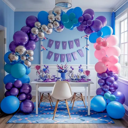 Miniatura 4 de Kit de Guirnalda de Arco de Globos Azul Morado, Globos Azul Rosa Morado Metálico Plateado para Cumpleaños de Niños Fiesta Tropical Hawaiana