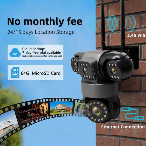 Miniatura 5 de Cámara de seguridad inalámbrica de 4 lentes al aire libre, imagen HD 2K PTZ 360° de vigilancia, visión nocturna a color, conexión WiFi, detección