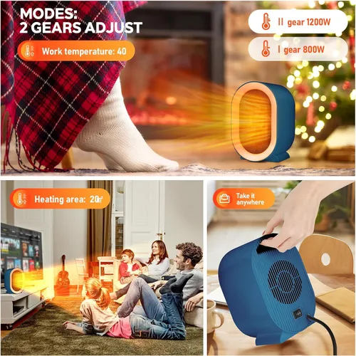Miniatura 4 de Calentador eléctrico de cerámica enchufable, calentador de espacio rápido seguro a 104.0 °F con 2 modos de 800 W/1200 W, calentador cálido eficiente