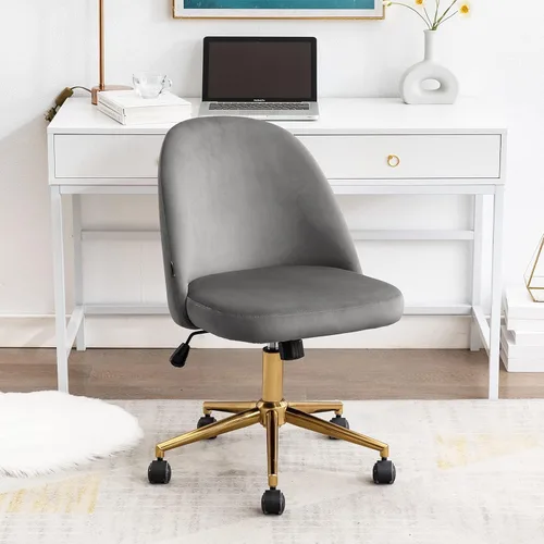 Miniatura 8 de DUHOME Bonita silla de oficina en casa sin brazos, silla giratoria de terciopelo tapizada para computadora con respaldo y base dorada, silla