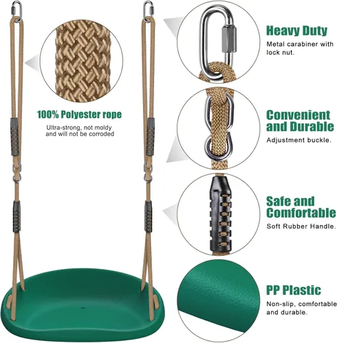 Miniatura 6 de Asiento columpio resistente con asientos más anchos y cuerda ajustable y mosquetones, asiento oscilante antideslizante para niños y adultos