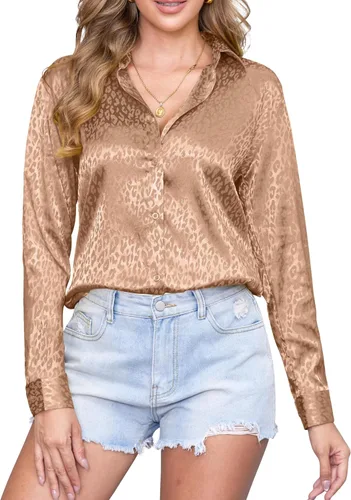 Miniatura 10 de CUNLIN Camisas de satén de seda suave con botones de leopardo para mujer, camisa de trabajo de manga larga de seda, blusas de vestir, tops
