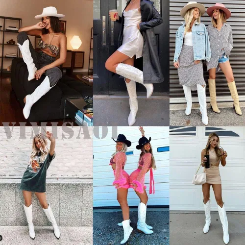 Miniatura 8 de Vimisaoi - Botas vaqueras para mujer, estilo retro, puntiagudas, de meter, pantorrilla ancha, tacón de bloque alto y grueso, bordadas, hasta
