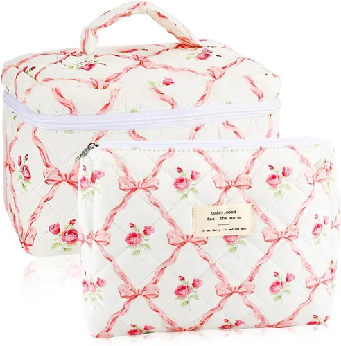 Miniatura 21 de URSKYTOUS Juego de 3 Bolsas de Maquillaje Acolchadas, Set de Bolsas de Cosméticos con Lazo para Viaje, Bolsa Grande de Maquillaje para Mujeres