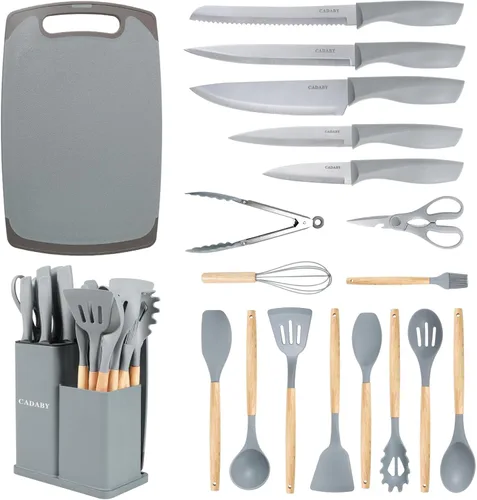Miniatura 10 de Juego de utensilios de cocina de 19 piezas, 11 piezas de utensilios de cocina de silicona, juego de 6 cuchillos blancos afilados de acero inoxidable