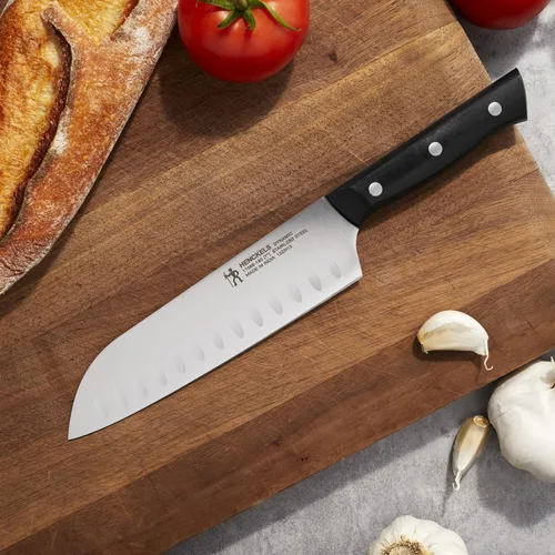 Miniatura 2 de HENCKELS Cuchillo Santoku de borde hueco dinámico afilado de 7 pulgadas, diseño alemán informado por más de 100 años de maestría, negro/acero