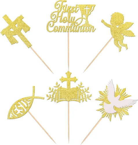 Miniatura 3 de Rsstarxi Paquete de 24 adornos dorados para magdalenas de la Primera Comunión con purpurina dorada, paloma, ángel, Dios bendiga cruz, para bautismo