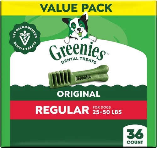 Greenies Golosinas dentales naturales para perros adultos recomendadas por veterinarios, tamaño regular, sabor original, paquete de 36 onzas, 36