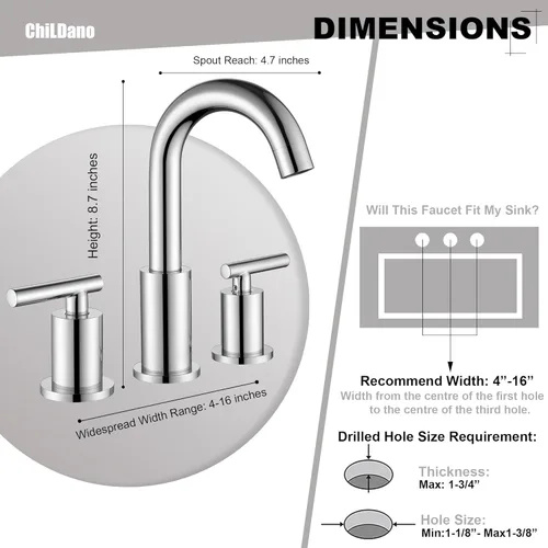 Miniatura 2 de Grifo de lavabo de baño extendido con desagüe y manguera de suministro, grifo cromado de 3 orificios para lavabo de baño, grifos de baño ChiLDano