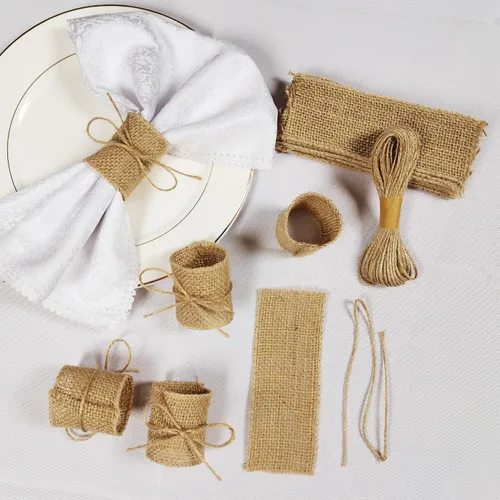 Miniatura 4 de Juego de 100 servilleteros de arpillera natural con cuerda de yute, servilletas desechables a granel, anillo rústico para mesas, decoraciones