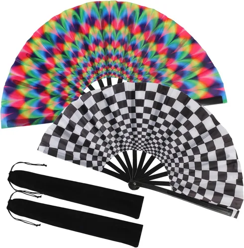 Miniatura 7 de Paquete de 2 ventiladores de mano plegables grandes con bolsas, ventilador de mano de verano para hombres y mujeres para festivales de música, baile