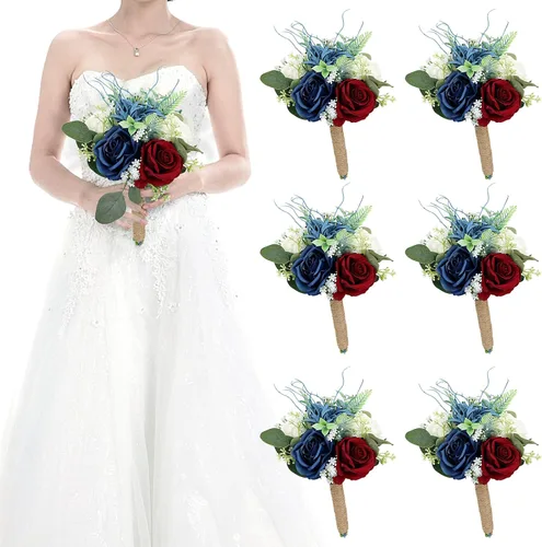 Miniatura 10 de Juego de 4 ramos para dama de honor para boda - Ramos de flores artificiales de 7 pulgadas para decoración de centros de mesa de ceremonia y Azul