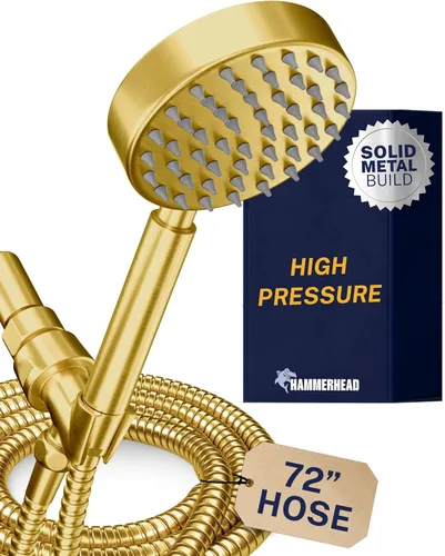 HammerHead Showers® Cabezal de ducha de mano de metal sólido con manguera y soporte de latón, dorado cepillado, cabezales de ducha de alta presión