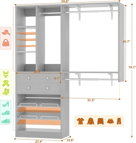 Miniatura 6 de Besiost Sistema de Armario - Sistema de Armario Pequeño de 5 Pies con Cajones, Sistema Organizador de Armario de 60" con Estantería Colgante Roble