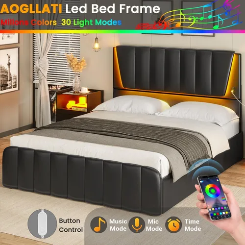 Miniatura 3 de AOGLLATI Base de cama Queen con cabecero y 4 cajones de almacenamiento, luz LED y 2 puertos USB, marco de cama LED tamaño Queen con soporte