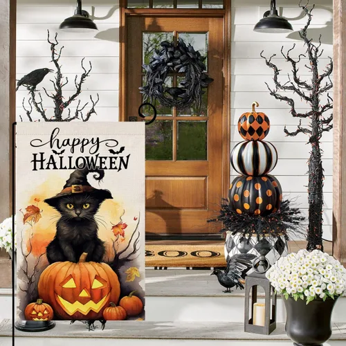 Miniatura 4 de BLKWHT Bandera de jardín de gatos de Halloween de 12 x 18 pulgadas, vertical, doble cara, feliz Halloween, calabaza, vacaciones, decoraciones