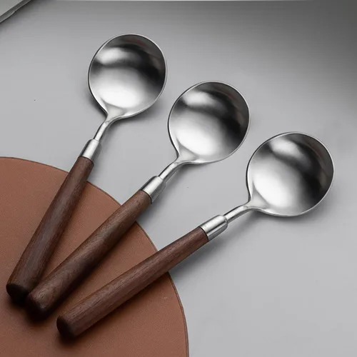 Miniatura 4 de Ouliget Cuchara de mango de madera retro, cucharadas de servir de acero inoxidable, cuchara de madera, cubiertos plateados con mango marrón, 4