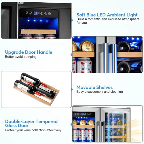 Miniatura 2 de FoMup - Refrigerador de vino y bebidas con puerta de vidrio, refrigerador de vino de 24 pulgadas, doble zona debajo del mostrador - 18 botellas y 88